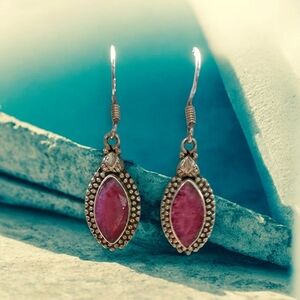 Raw Ruby Pink Stone And Sterling Silver Drop Earrings